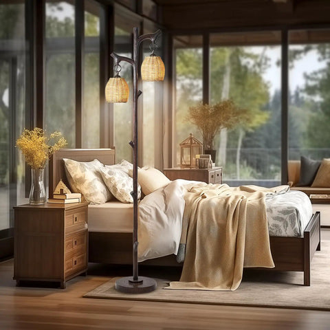 68 Inch Farmhouse Floor Lamp With Tree Trunk Faux Wood Column in a cozy bedroom setting with dark bronze wicker drum shade
