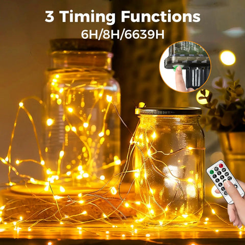 Dope Warm White Outdoor Fairy Lights With Remote, 33 Feet Of 100 LED Twinkle String Lights, shown in jar with timer