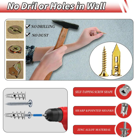 Self Drilling Drywall Anchors And Screws Kit For Easy Install with hammer showing no drilling needed, gold and silver screws, expansion bolts