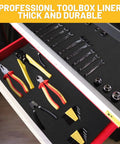 Heavy Duty Tool Box Liner 18 Inch By 24 Foot Roll, 3mm Thick Foam Cushioned Grippy Non Slip Drawer Mat in tool drawer with tools