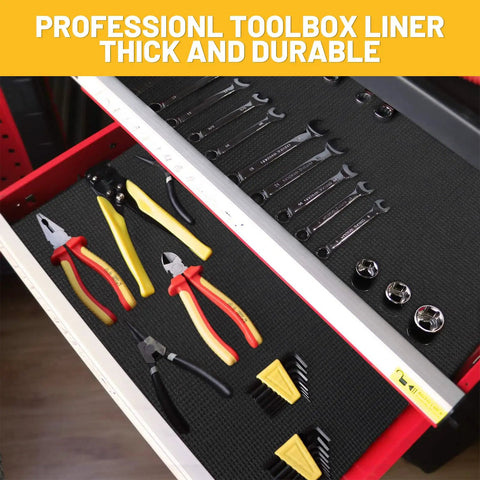 Heavy Duty Tool Box Liner 18 Inch By 24 Foot Roll, 3mm Thick Foam Cushioned Grippy Non Slip Drawer Mat in tool drawer with tools