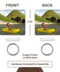 Cartoon Man On Ocean Rowing Inflatable Raft Key Chains Set Of 6 Built Tough Plastic High Gloss Finish Double Sided Print Multicolor Includes Hardware For Easy Lanyards And Bags shown with assembly hardware