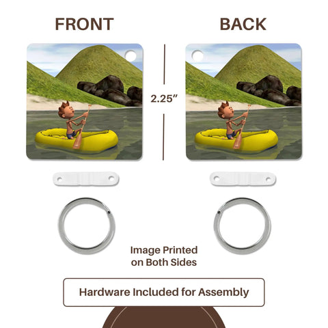 Cartoon Man On Ocean Rowing Inflatable Raft Key Chains Set Of 6 Built Tough Plastic High Gloss Finish Double Sided Print Multicolor Includes Hardware For Easy Lanyards And Bags shown with assembly hardware