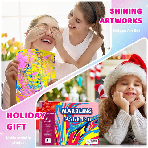 Water Marbling Paint Kit For Kids With 6 Vivid Colors, 16ml Each, Paper Sheets, Needles, Pipette, Spreader, Tray And Manual, A Fun STEM Arts And Crafts Gift For Boys And Girls Ages 3 To 12, Perfect Stocking Stuffers And Birthday Treats. Kids holding marbled paper and gift box