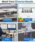 16 Inch Under Desk Cable Management Tray No Drill Cord Organizer With Secure Clamps shown in living room, kitchen, office, and sewing table.