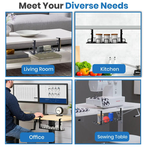16 Inch Under Desk Cable Management Tray No Drill Cord Organizer With Secure Clamps shown in living room, kitchen, office, and sewing table.