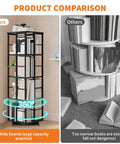 Product comparison of 4 Tier 360 Degree Rotating Corner Bookshelf with Industrial Metal Frame next to competitor product.