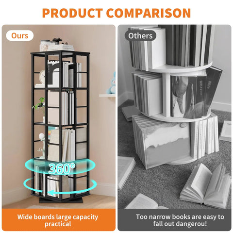 Product comparison of 4 Tier 360 Degree Rotating Corner Bookshelf with Industrial Metal Frame next to competitor product.