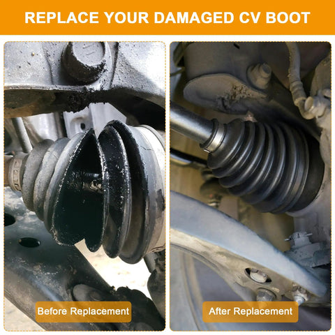 CV Axle Boot Repair Kit Universal Fit Silicone Stretchable Protective Cover before and after installation on car shaft