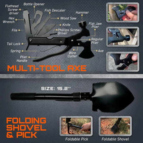 All-In-One 175-Piece Survival Kit With First Aid for Outdoor Adventures and Emergencies, multi-tool axe and shovel