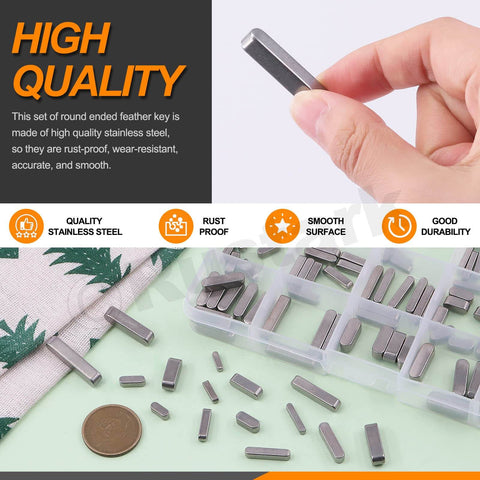 Hand holding 304 stainless feather key from 140Pcs Key Stock Set, various sizes in compartmentalized storage box