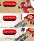 Pro Grade Aluminum Door Hinge Template Jig For Router in use, cutting mortises and installing hinges on wood surface.