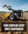 Workhorse Power Rear Tine Tiller Cultivator With 420cc 13.5 HP Gas Engine 8 Inch Tilling Depth in use on farmland, side view