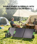 100W Portable Solar Panel For Power Station Featuring 23.5 Percent High Efficiency ETFE Foldable Charger With Kickstands IP65 Waterproof For Outdoor Camping RV Trips And Off Grid Living, shown in use at a camping site with people and tents.