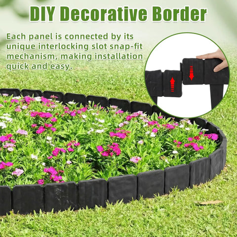48 Pcs Landscaping Edging Border Kit With Interlocking Stakes For Lawn And Garden 37 Feet Black Plastic Border Fence installation view