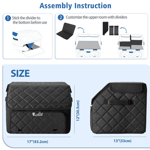 Assembly instructions for Dual Layer Golf Trunk Organizer With Ventilated Shoe Compartment For Two Pairs Of Shoes showing dimensions