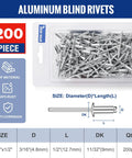 Heavy Duty Aluminum Blind Rivets 200Pc 3/16 X 1/2 Pop Rivet Assortment in container, showing steel mandrels and size specifications.