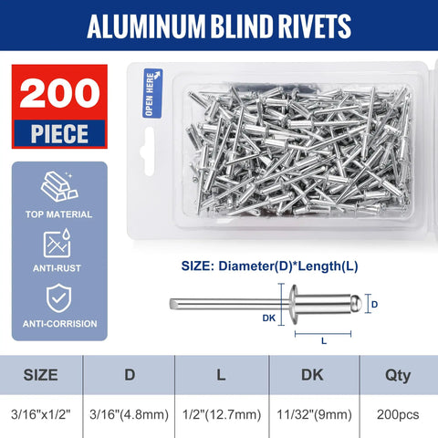 Heavy Duty Aluminum Blind Rivets 200Pc 3/16 X 1/2 Pop Rivet Assortment in container, showing steel mandrels and size specifications.