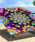 Neon Mandala UV Reactive Sun Shade Sail 6 By 8 Feet Blacklight Glow Canopy installed on beach, colorful mandala design