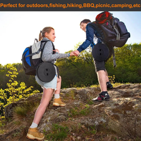 Hikers on a trail with the Upgraded Collapsible Camping Stool With 400 Lb Capacity attached to backpacks, ideal for outdoor adventures.