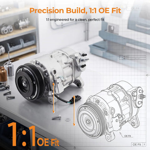 Straight Shot AC Compressor With Clutch Fits Chevrolet Silverado 1500 Gmc Sierra 1500 showing detailed 1:1 precision build for easy installation.