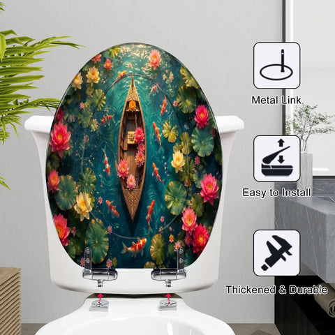 Elongated Ornate Wooden Boat Surrounded by Fish Colorful Lotus Toilet Seat on toilet, features vibrant koi fish and water lilies.