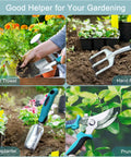 All In One Garden Tool Set For Every Yard Task With Rust Resistant Shovel And Trowel, Pruning Shears, Weeder, Plant Repotting Tool, Gloves, And Tool Bag For Easy Digging, Planting, Weeding, And Potting in action.