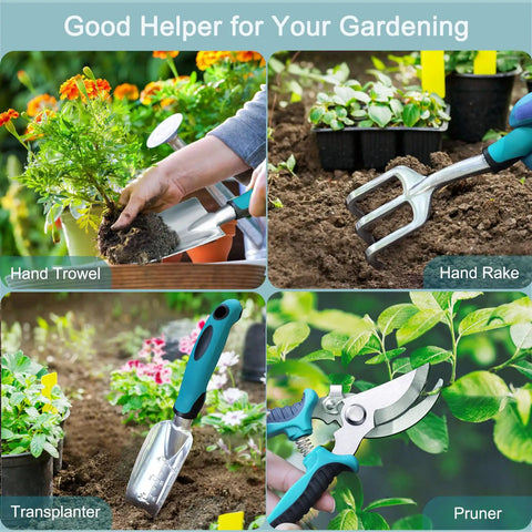 All In One Garden Tool Set For Every Yard Task With Rust Resistant Shovel And Trowel, Pruning Shears, Weeder, Plant Repotting Tool, Gloves, And Tool Bag For Easy Digging, Planting, Weeding, And Potting in action.