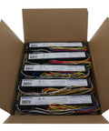 Box of Electronic Fluorescent Ballast For 3 Or 4 T8 Lamps Including F17T8 To F32T8 organized neatly with wiring visible