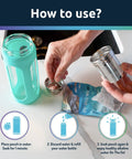 Person using On-The-Go Alkaline Water Filter Pouch For Bottles, Pitchers And Jugs, inserting filter into water bottle.