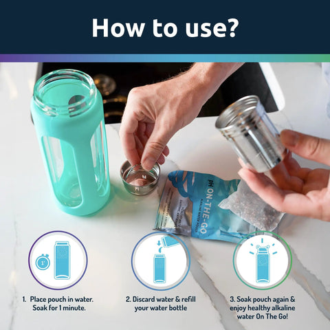 Person using On-The-Go Alkaline Water Filter Pouch For Bottles, Pitchers And Jugs, inserting filter into water bottle.