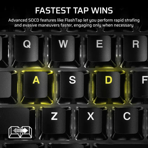 Heavy Hitter Tenkeyless Mechanical Gaming Keyboard Featuring Factory Lubed Hall Effect Switches And Instant Rapid Trigger For Butter Smooth Gameplay close-up of A, S, D keys with backlighting.