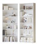 Pair Of Six Tier Floor Standing Bookshelves 70 Inch Tall Display Storage Shelves For Home Office Living Room And Bedroom Sturdy MDF Construction Each Shelf Holds 22 Lb With Tipover Resistant Design Rustic Chic in white finish with decor items