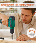 Man using 8V Cordless Drill Set With USB Rechargeable Driver for quick furniture fixing, shown with compact tool box.