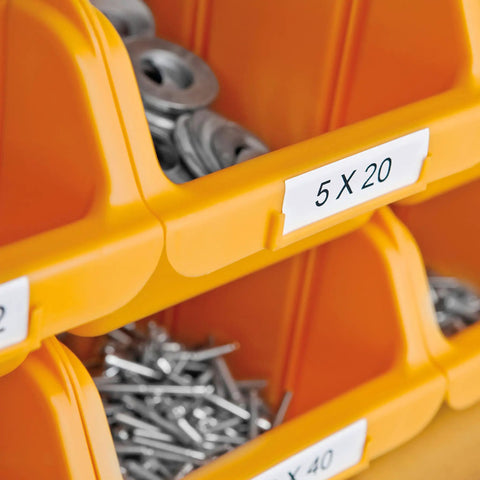 Close-up of labeled storage bins with screws, showcasing Rhino 4200 Industrial Label Maker With Fast Printing One Touch Hot Keys Rugged Build