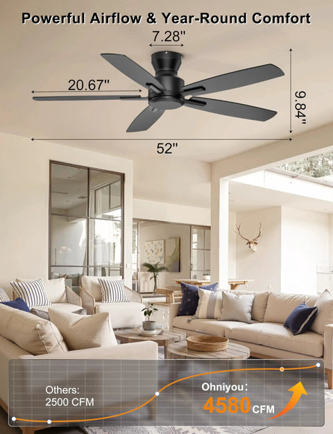 Low Profile 52 Inch Ceiling Fan With Remote And App Control No Light Black Finish, Quiet DC Motor in stylish living room