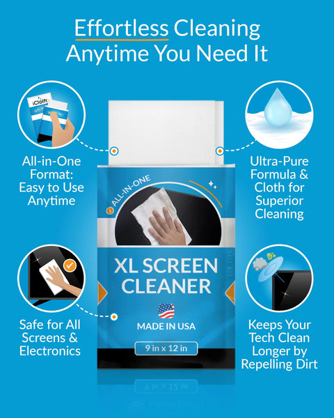 iCloth XL Screen Cleaner wipes, front view; blue packaging, 9x12 in, Made in USA