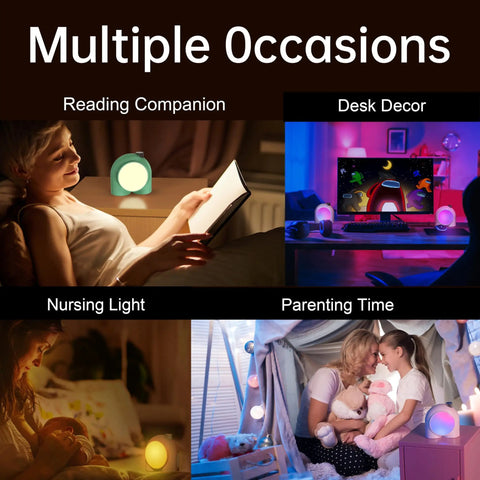 Planet 9 Smart Mood Lamp Battery Operated Cordless RGB LED Night Light in various room settings: reading, desk, nursing, parenting