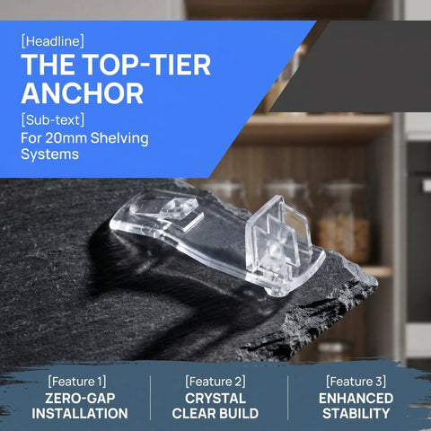 24 Pack Locking Shelf Pins With Anti Slip Grooves, clear plastic support for 20mm thick cabinets, resting on black surface.
