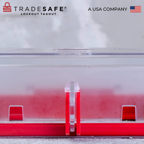 Side view of No Nonsense Emergency Stop Button Lockout Cover For Industrial Safety Transparent Rectangular Push Button Guard
