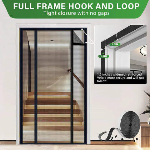 Heavy Duty PET Magnetic Screen Door With Double Door Closure for 72x80 sliding doors, shown installed on a door with stairs visible.