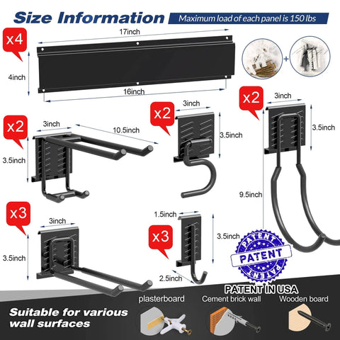 Heavy Duty Garage Tool Storage Rack Wall Mounted Organizer With 12 Double Hooks And 4 Rails Rubber Gripped Hangers dimensions chart
