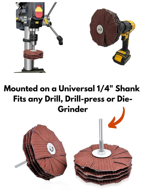 4 Inch Sanding Mop Kit With 3 Flap Wheels 80 120 240 Grits For Drill Shank Quarter Inch Woodworking And Metal Finishing Contours