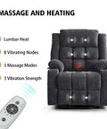 Comfy Power Swivel Rocker Recliner With Massage And Heat For Adults USB And Type C Ports showing massage points and remote control