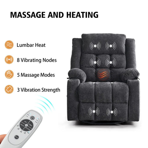 Comfy Power Swivel Rocker Recliner With Massage And Heat For Adults USB And Type C Ports showing massage points and remote control