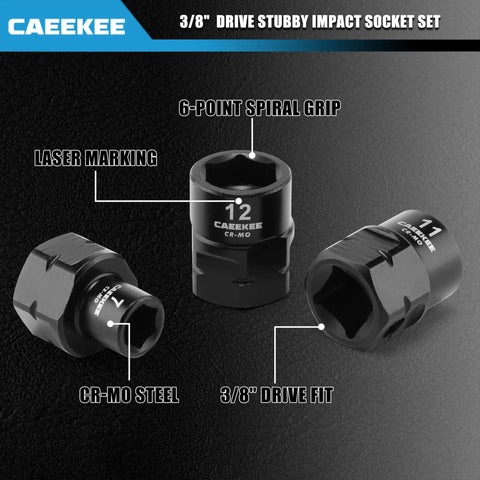 Low Profile Nano Impact Socket Set For 3/8 Inch Drive Metric Tools 6mm Through 19mm Cr-Mo Steel 6 Point Stubby Sockets displayed