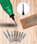 Eight Piece DLC Coated CNC Router Bit Set With 1/4 Inch Shanks Built For Woodworking Pros shown installed in green router