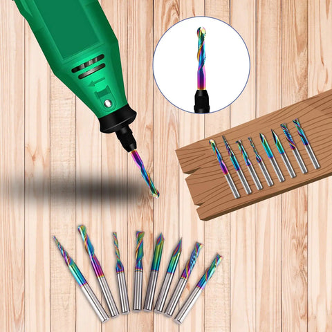 Eight Piece DLC Coated CNC Router Bit Set With 1/4 Inch Shanks Built For Woodworking Pros shown installed in green router