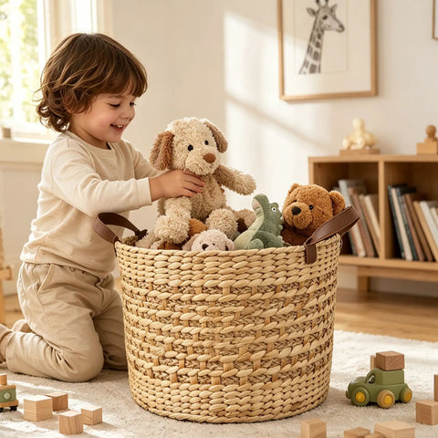 Large Water Hyacinth Storage Basket 15.7 Inch Woven Seagrass Bin With Sturdy Design filled with toys and a child playing.
