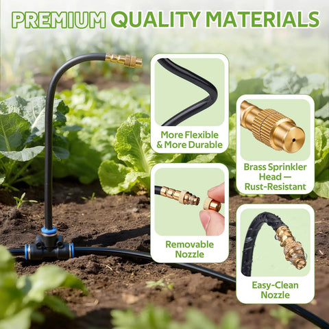 All In One No Fuss 360 Degree Drip Irrigation System Kit With Timer features premium brass nozzles and flexible tubing for gardens.